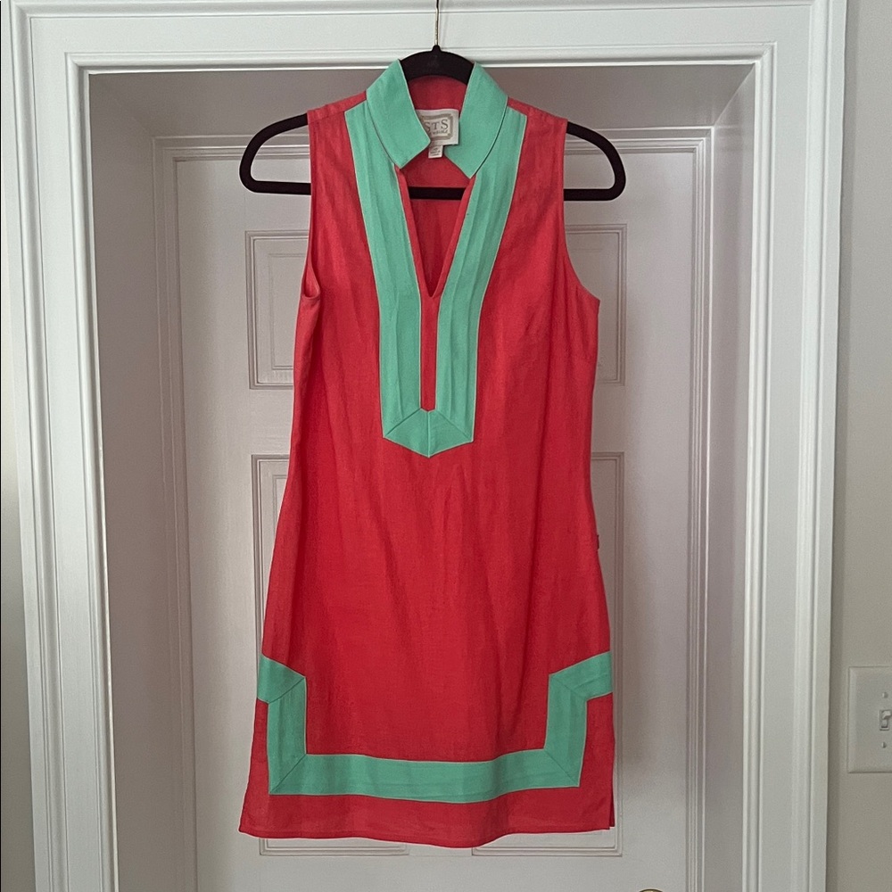 Sail to Sable Bright Coral and Turquoise Linen Sleeveless Mini Dress